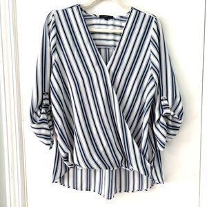 Stitch Fix West Kei tab 3/4 Sleeve High Low Blue & White Striped Blouse Size L